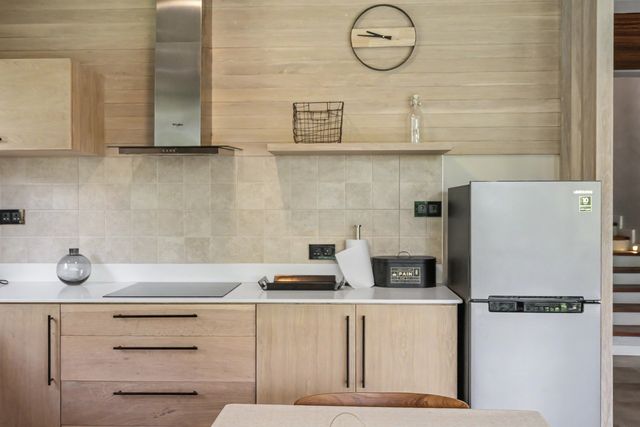 Light timber kitchen with induction hob and fridge